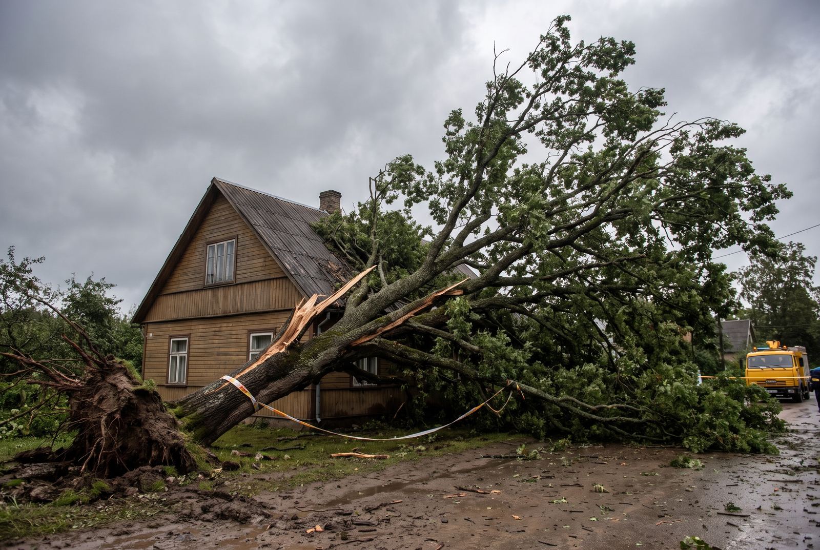Storm-damaged tree on a house in Wilmington, NC